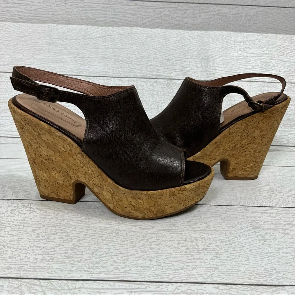 Corso Como Brown Leather Pep Toe Ankle Strap Cork Wedge Platform Sandals Size‎ 9